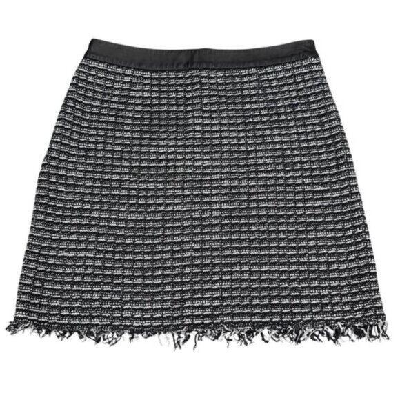 Tory Burch Tweed Raffia Fringe Skirt Leather Trim Size 8 Black/White - Picture 6 of 6